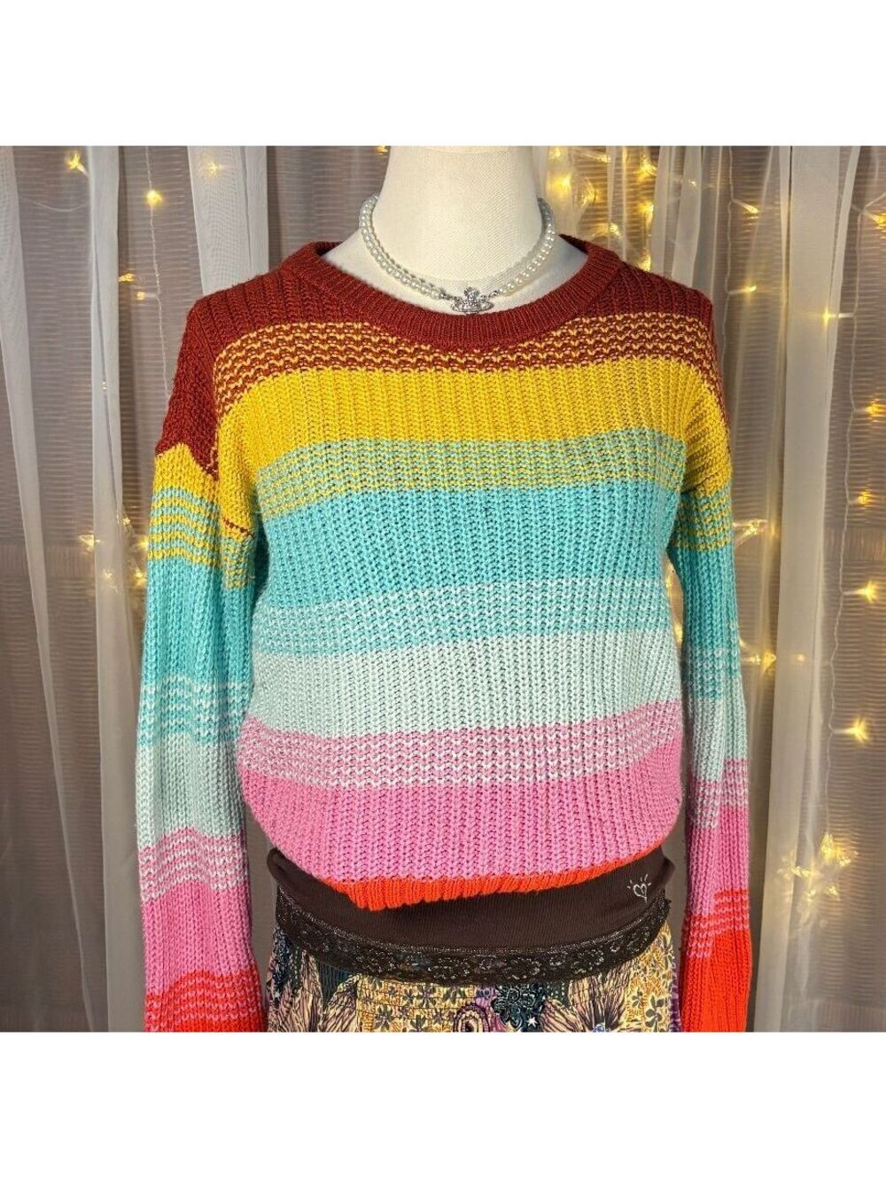 SO Rainbow Colorblock Chunky Knit Sweater XS/S Artsy Fairycore Teacher Dopamine